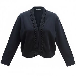 Karl Lagerfeld Cardigan Sweater Womens Med Black Paris Piping Trim Cropped Y2K
